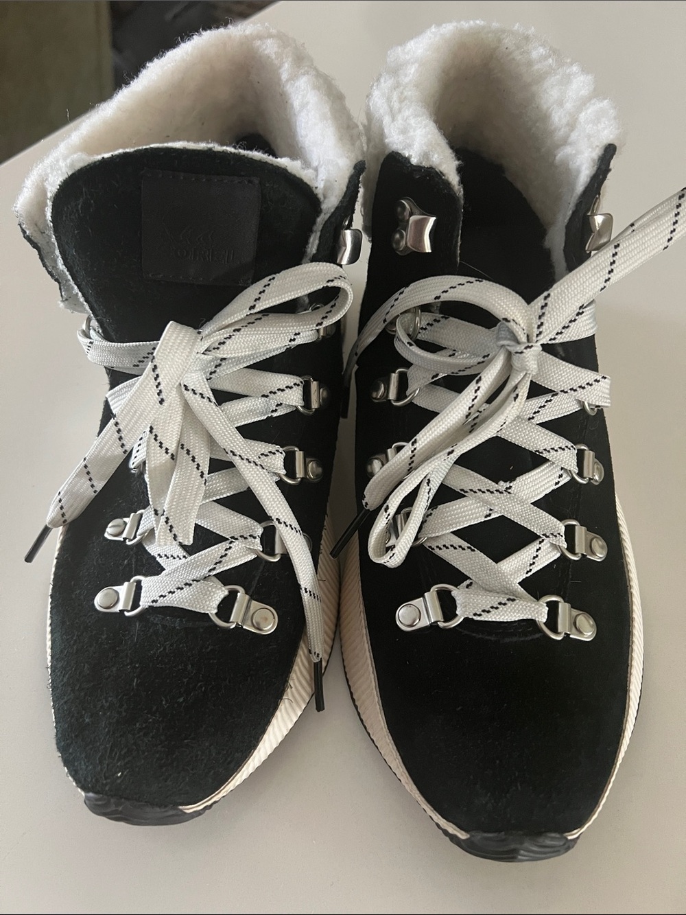 Sorel Black and White Lace-Up Sherpa-Trim Hiking Boots